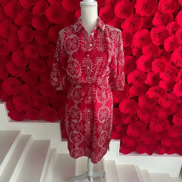 ZARA Red White Embroidered Tie Waist Dress Size Medium - Picture 1 of 9